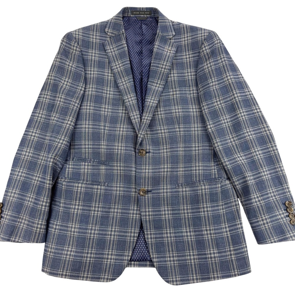 Indochino Blazer Mens 38S Blue Plaid Wool Linen Silk Sport Coat Jacket Tweed
